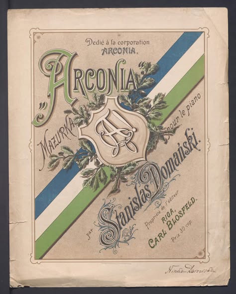 Okładka mazurka „Arconia” Stanisława Domańskiego, dedykowanego Arkonii (Ryga, wyd. Carl Blosfeld)
